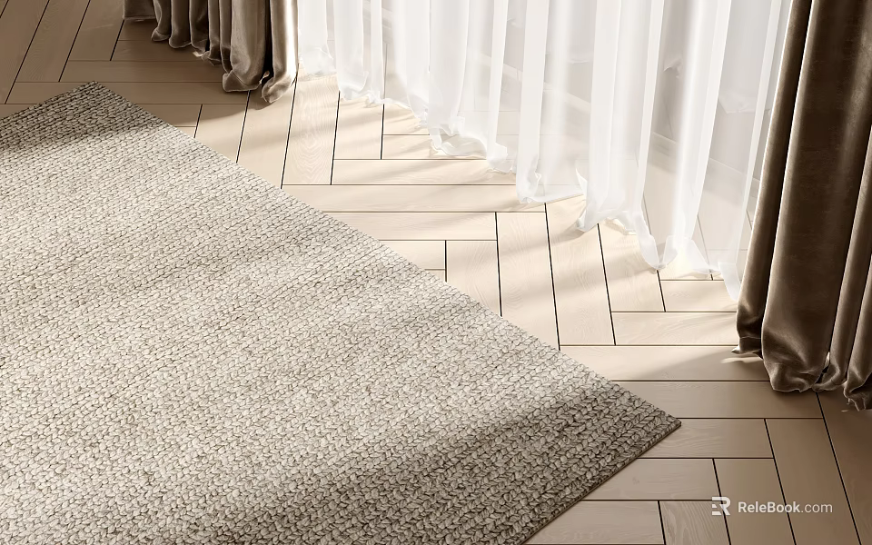 Textured Light Colored Square Rug on Herringbone Wooden Floor with Sheer Curtains and Natural Light 3d model 