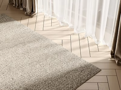 Textured Light Colored Square Rug on Herringbone Wooden Floor with Sheer Curtains and Natural Light 3d model