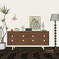 Wooden Decorative Cabinet Interior With Decorative Items Artwork Floor Lamp Potted Plant And Area Rug