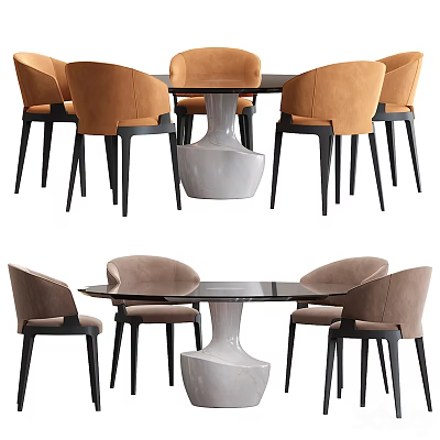 Modern Beige Velvet Dining Chairs With Sleek Black Legs And Round Pedestal Table 3d model