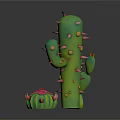 Cartoon Cactus Scene With Multiple Green Cacti Red Spines Yellow Dots and Pink Flower