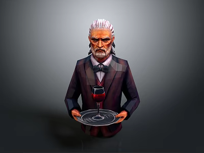 Elderly Man With White Hair Beard Holding Tray With Wine Glass In Suit Bow Tie 3d model