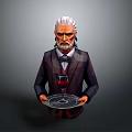 Elderly Man With White Hair Beard Holding Tray With Wine Glass In Suit Bow Tie