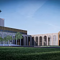 Modern Sales Office Building Exterior With Vertical Metal Grilles Glass Windows And Tree Reflections