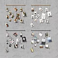 Creative Photo Wall Display With Hanging Photos Clips On String And Various 3d model