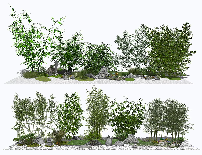 Serene Garden Feature Design With Bamboo Stones And Various Green Plants 3d model 