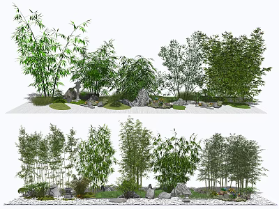 Serene Garden Feature Design With Bamboo Stones And Various Green Plants 3d model