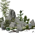 Lush Courtyard Garden With Large Landscape Rocks Green Plants Stone Lantern And Lawn