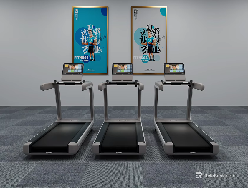 Three Modern Treadmills with Digital Screens and Active Sports Posters in Gym 3d model 