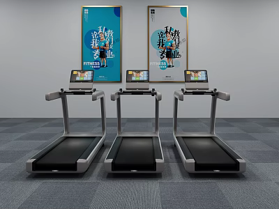 Three Modern Treadmills with Digital Screens and Active Sports Posters in Gym 3d model
