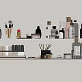 Stylish Perfume Cosmetics Display On Shelf With Various Bottles Makeup Brushes And Scented Products