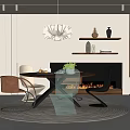 Modern Restaurant Interior With Round Dining Table Chairs Pendant Light Fireplace And Decorative Shelf
