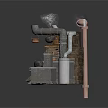 Vintage Industrial Storage Equipment With Wooden Crates Burlap Sacks And Metal Pipes