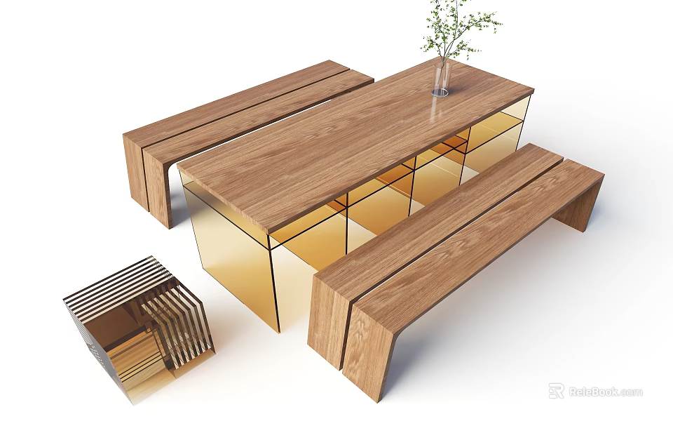 Modern Dining Table Set With Wooden Tabletop Golden Legs And Matching Benches 3d model 