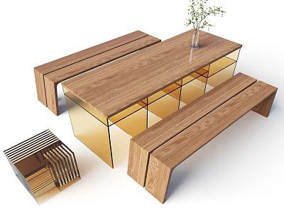 Modern Dining Table Set With Wooden Tabletop Golden Legs And Matching Benches 3d model