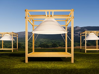 Scenic Camping Site with Wooden Frame Structures White Canopy Green Grass and Mountain View 3d model