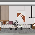 Modern Elegant Living Room With Beige Sofa Brown Accent Chair Abstract Painting And Guitar Decor
