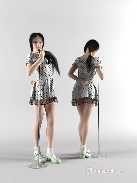 Elegant Woman in Polka Dot Dress with Lace Trim Posing Front and Back 3d model 