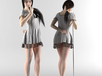 Elegant Woman in Polka Dot Dress with Lace Trim Posing Front and Back 3d model