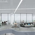 Front Desk Reception in Modern Lobby with Glass Curtain Walls Spiral Staircase Green Plants and Sofas
