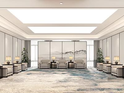 Modern Hotel Public Lounge Area With Blue Beige Carpet Sofas Potted Plants And Decorative Screens 3d model