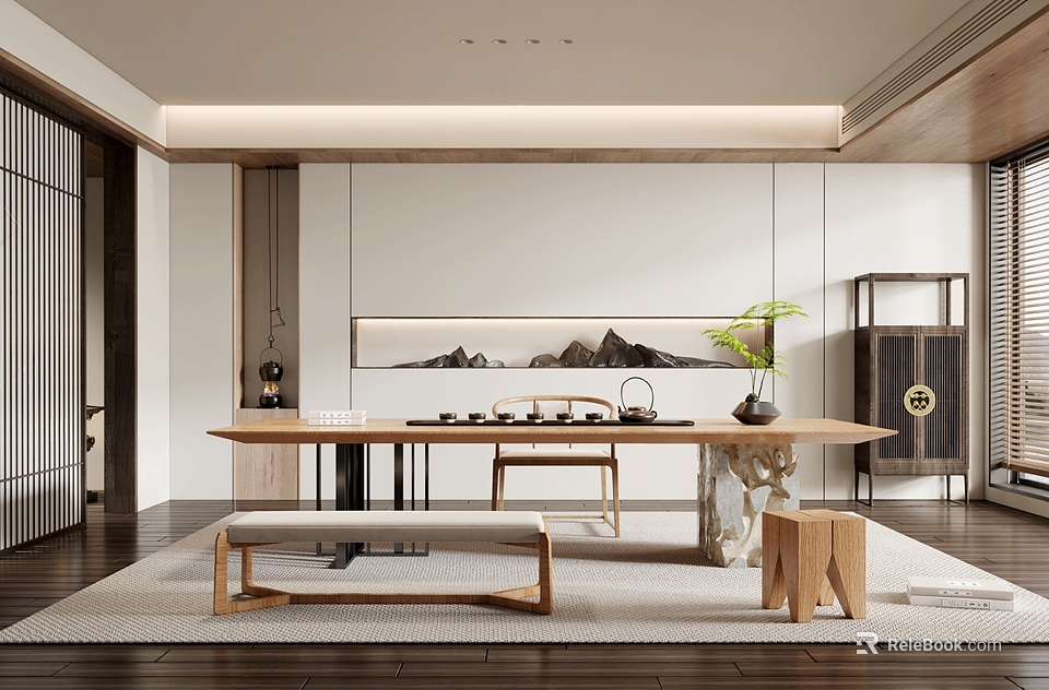 Traditional Tea Room Interior With Wooden Table Tea Sets Landscape Painting And Potted Plant 3d model 