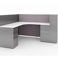 Modern Office Cubicle Interior Design With Gray Purple Cabinets White Curved Desk And Metal Base