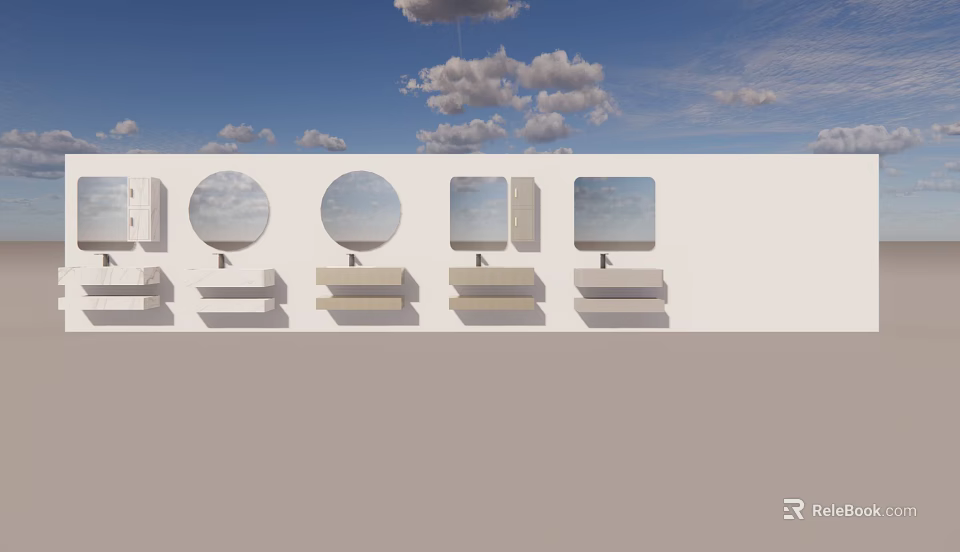 Modern Washbasin Design With Round Mirrors And Cloudy Sky Background 3d model