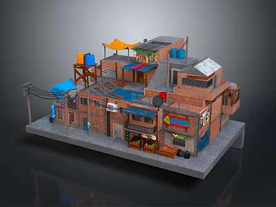 Cartoon Scene of Quaint Brick Buildings With Colorful Awnings Small Shops and Signboards 3d model