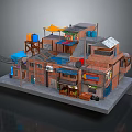 Cartoon Scene of Quaint Brick Buildings With Colorful Awnings Small Shops and Signboards