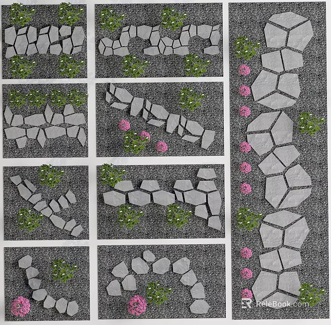 Charming Garden Ornaments with Irregular Stone Paths Lush Green Plants and Pink Flowers 3d model 