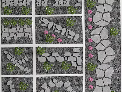 Charming Garden Ornaments with Irregular Stone Paths Lush Green Plants and Pink Flowers 3d model