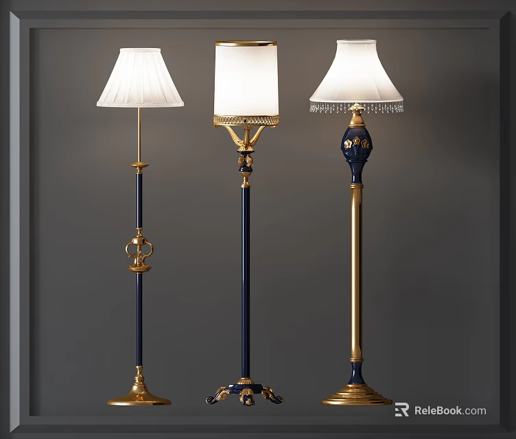 Elegant Classic Floor Lamps With Blue Gold Poles And White Fabric Shades 3d model 