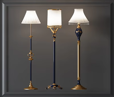 Elegant Classic Floor Lamps With Blue Gold Poles And White Fabric Shades 3d model