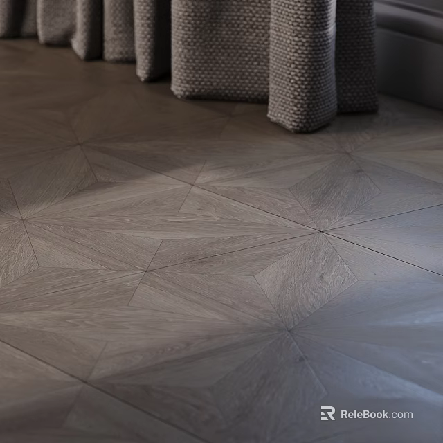 Gray Wooden Floor With Intricate Geometric Patterns And Woven Stool Legs Design 3d model 