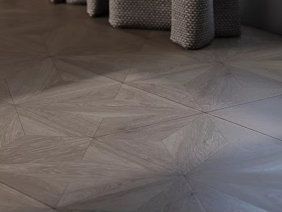 Gray Wooden Floor With Intricate Geometric Patterns And Woven Stool Legs Design 3d model