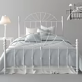 Double Bed White Metal Frame Headboard Design Light Blue Bedding Nightstand Lamp Black Option
