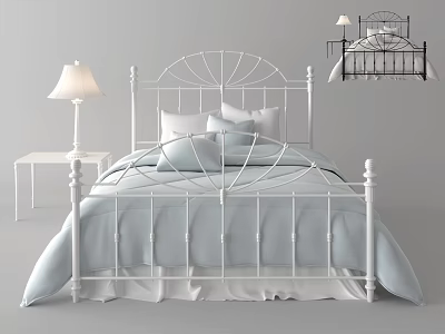 Double Bed White Metal Frame Headboard Design Light Blue Bedding Nightstand Lamp Black Option 3d model