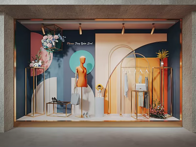Vibrant Shop Window Display With Orange Mannequin Hanging Clothes Flower Bouquet And Accessories 3d model