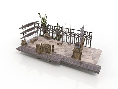 Rustic Wooden Platform Scene With Iron Railing Wooden Crates And Plants On Stone Tile Floor 3d model