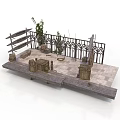 Rustic Wooden Platform Scene With Iron Railing Wooden Crates And Plants On Stone Tile Floor