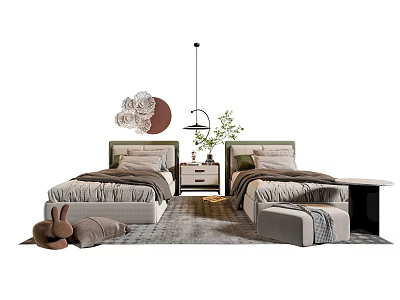 Modern Single Beds Bedroom with Upholstered Headboard Nightstand Plant Rug and Pendant Light 3d model