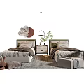 Modern Single Beds Bedroom with Upholstered Headboard Nightstand Plant Rug and Pendant Light