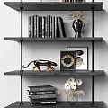 Modern Multi Tier Bookshelf With Books Decorative Sculptures Vases And Framed Art