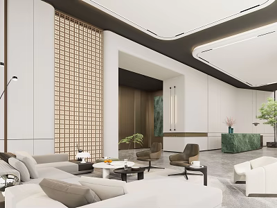 Elegant Modern Hotel Lobby Interior With Comfortable Sofa Seating Reception Desk And Green Plants 3d model