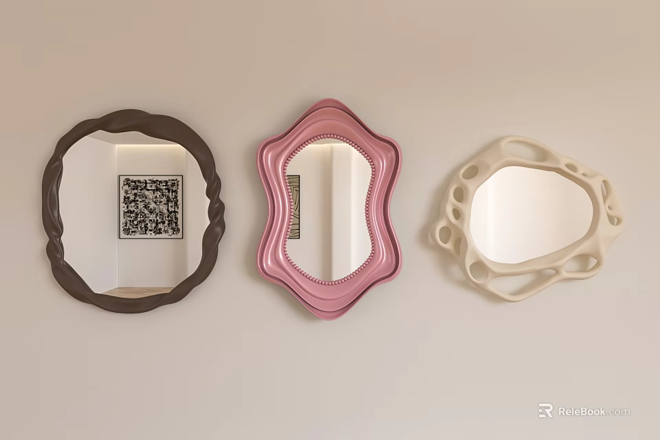 Three Decorative Mirrors With Brown Pink And Beige Frames Various Shapes 3d model 