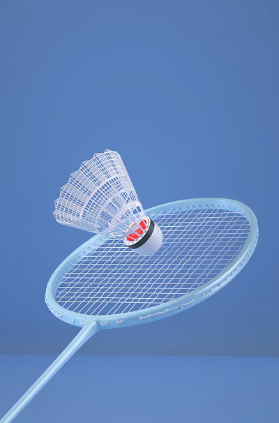 Blue Badminton Racket And White Shuttlecock With Red Base Sports Equipment On Blue Background 3d model