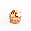 Delicious Vanilla Cupcake With Swirled Cream Frosting And Red Drizzle In Paper Liner