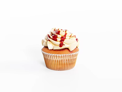 Delicious Vanilla Cupcake With Swirled Cream Frosting And Red Drizzle In Paper Liner 3d model