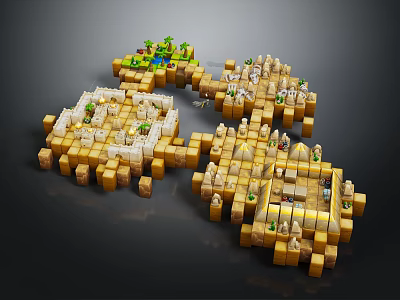 3D Rendered Sci-Fi Pixel Style Scene With Block Buildings Trees And Mini Figures 3d model